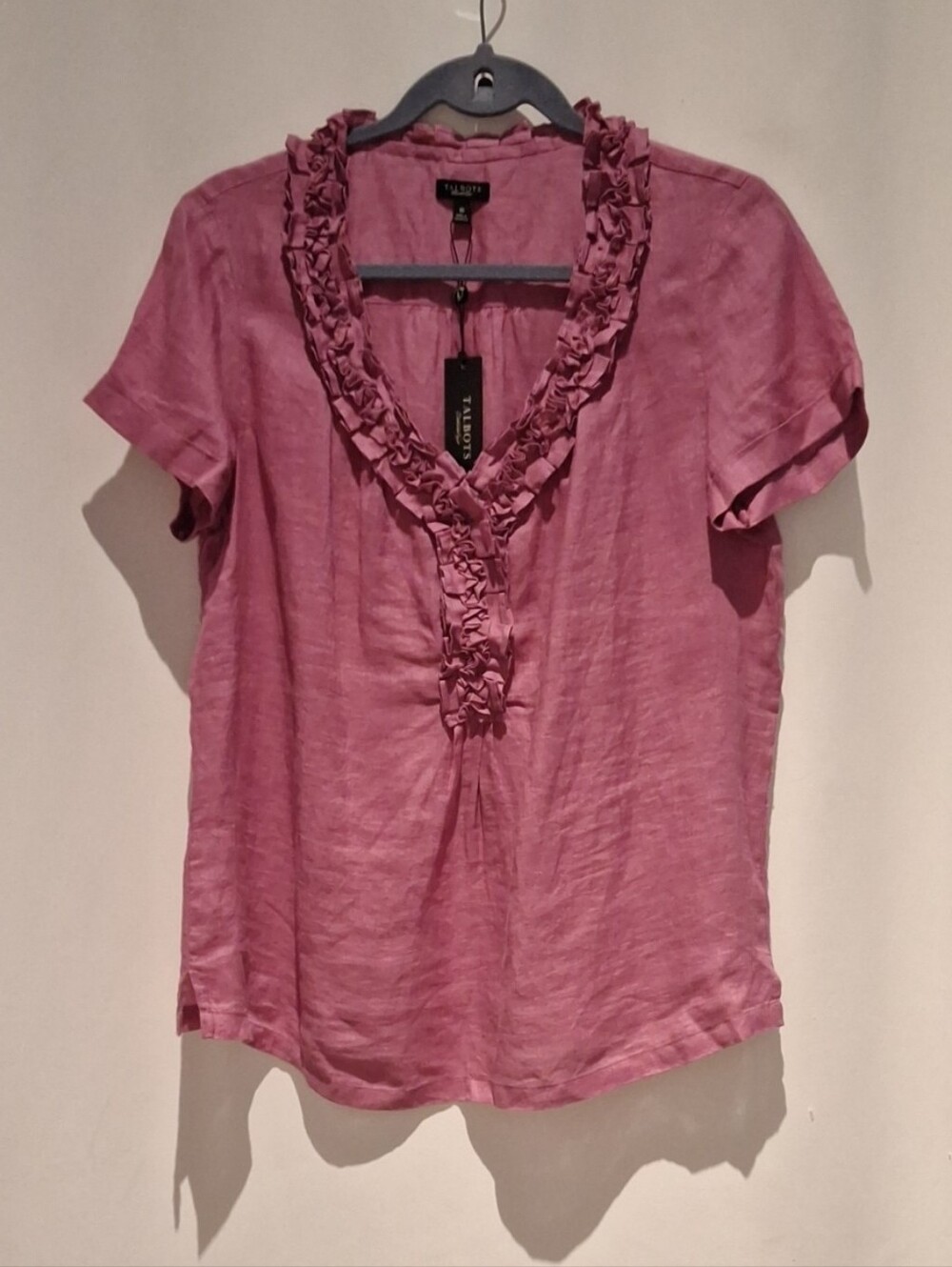 Talbots Dusty Dark Pink  Ruffled V-Neck 100% Linen Short Sleeve Blouse